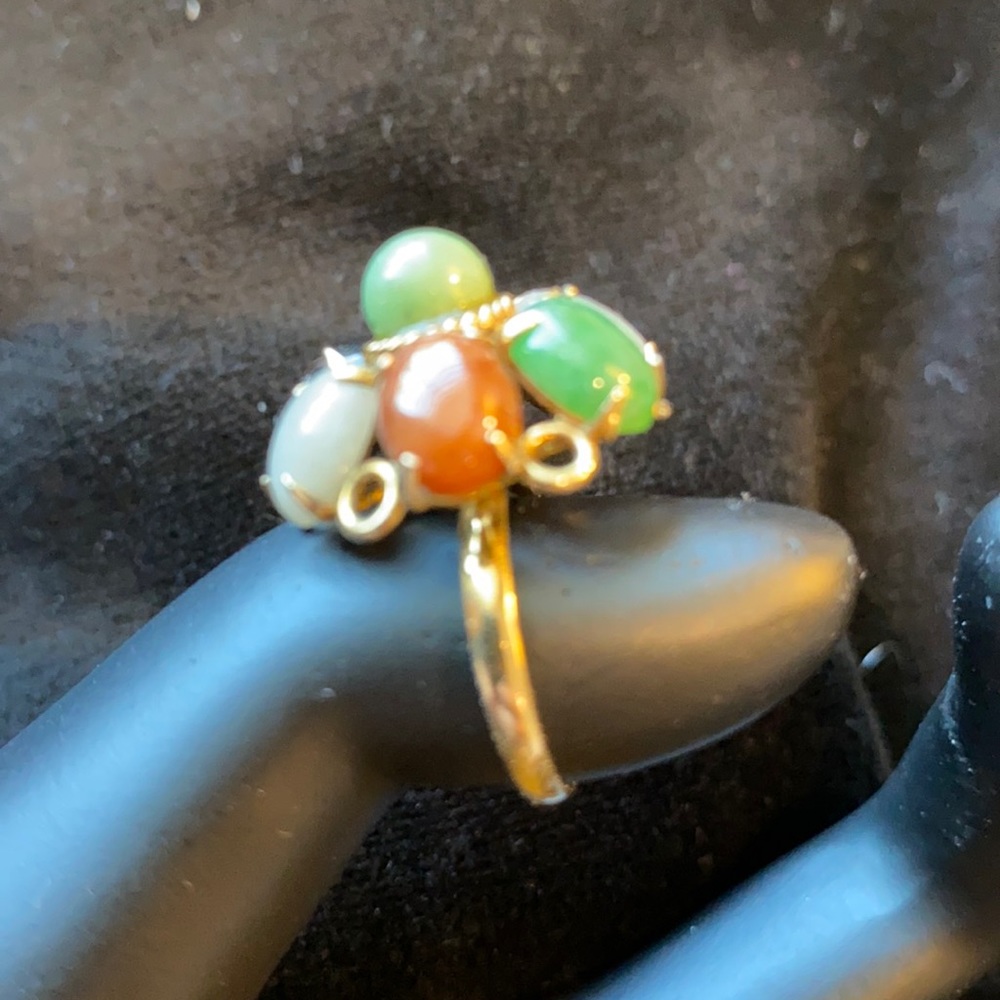 Multi-Colored Jade Cluster Ring with 14K Gold Setting - Picture 2 of 7